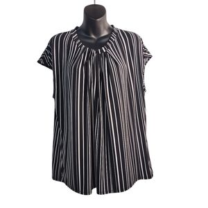 Liz Claiborne Top Blouse Women's Black White Stripped Cap Sleeve  Sz X-large